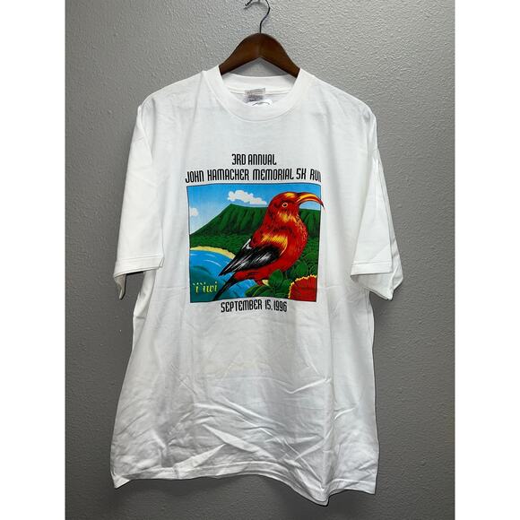 Vintage Scarlet Honeycreeper Shirt Bird I'Iwi John Hamacher 5K Run Hawaii 90s XL - Picture 1 of 9